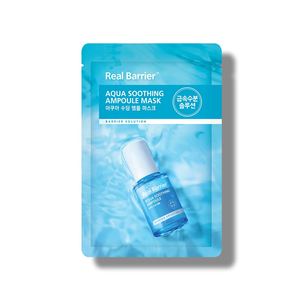 Real Barrier Aqua Soothing Ampoule Face Mask, 10Ea, Low Ph Korean Sheet Mask With Hyaluronic Acid, Cooling, Soothing, Clarifying