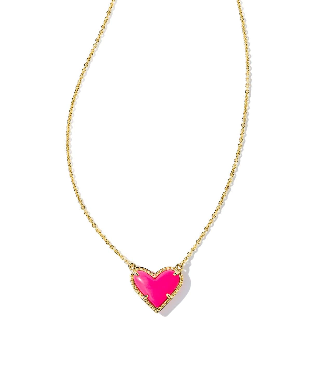 Kendra Scott Ari Heart Adjustable Length Pendant Necklace for Women, Fashion Jewelry, 14k Gold-Plated, Neon Pink
