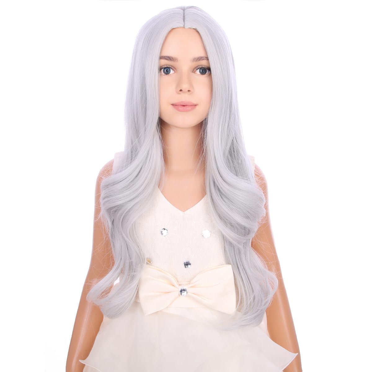 PATTNIUM Silver Gray Wig for Kids Girls Long Curly Wavy Gray Wig Child Middle Part Synthetic Wig with Wig Cap