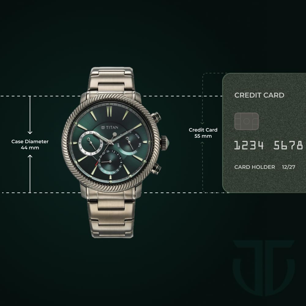Titan Regalia Stellar Quartz Multifunction Green Dial Stainless Steel Strap Watch for Men-NS10012QM01/NT10012QM01