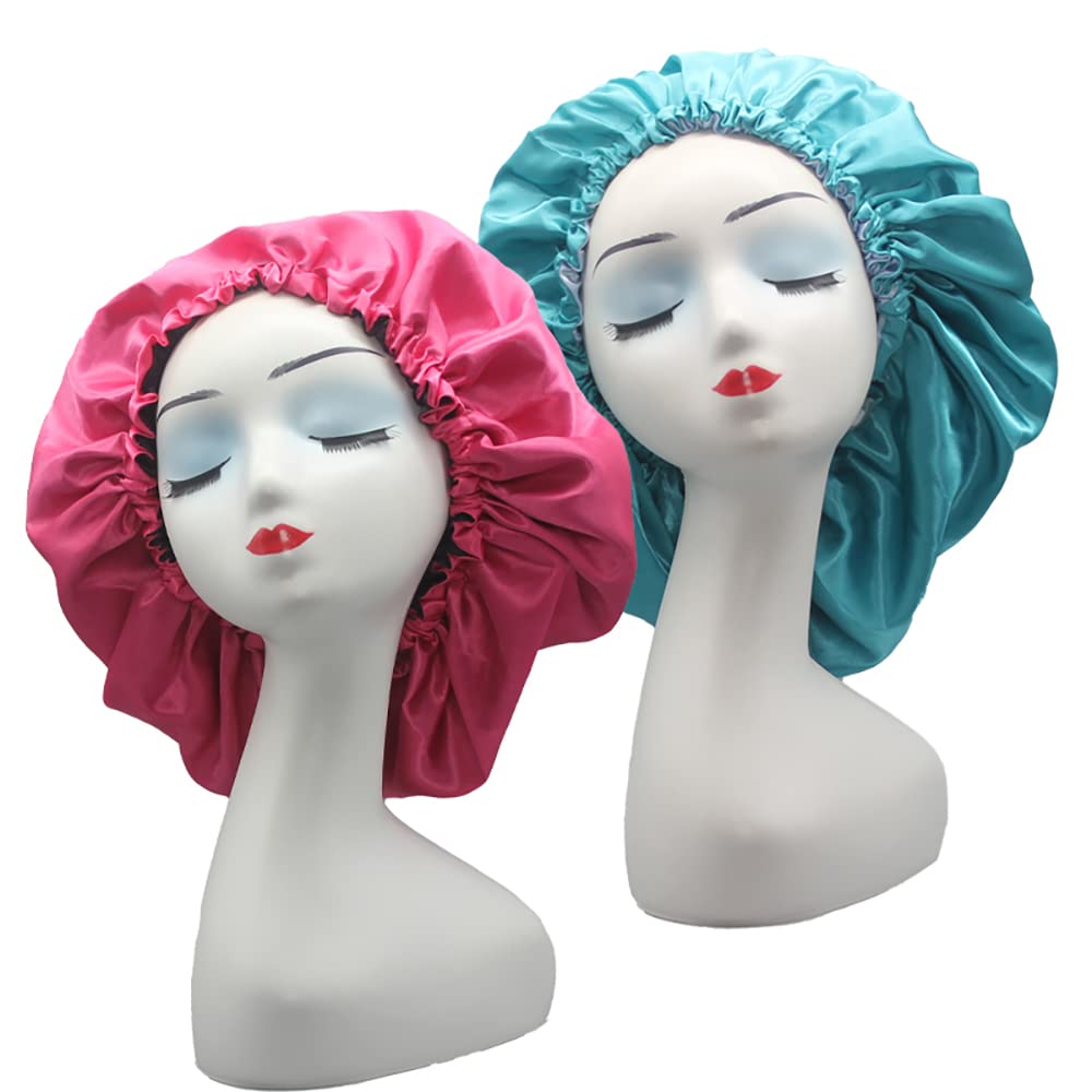 Satin Sleep Cap, Adjustable Satin Cap, Silk Bonnet, Reusable Bath Hair Cap For Night Sleeping Reversible Double Layer 2 Pack (Fu