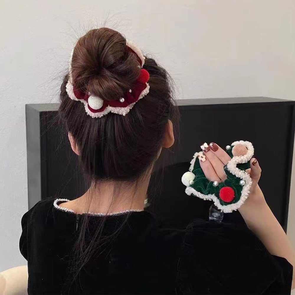 Christmas Scrunchies Xmas Hair Ties for Women Red Hair Accessories Fuzz Ball Design Green Hair Scrunchies Elastics Hair Bands Pa