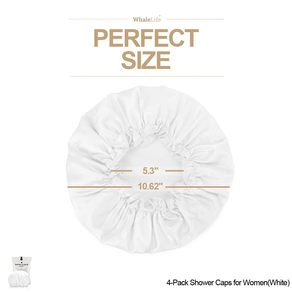 Shower Cap For Women Reusable Extra Large Shower Cap For Men (White 4 Pack Large) Satin Double Layer Eva Waterproof Long Hair Ca