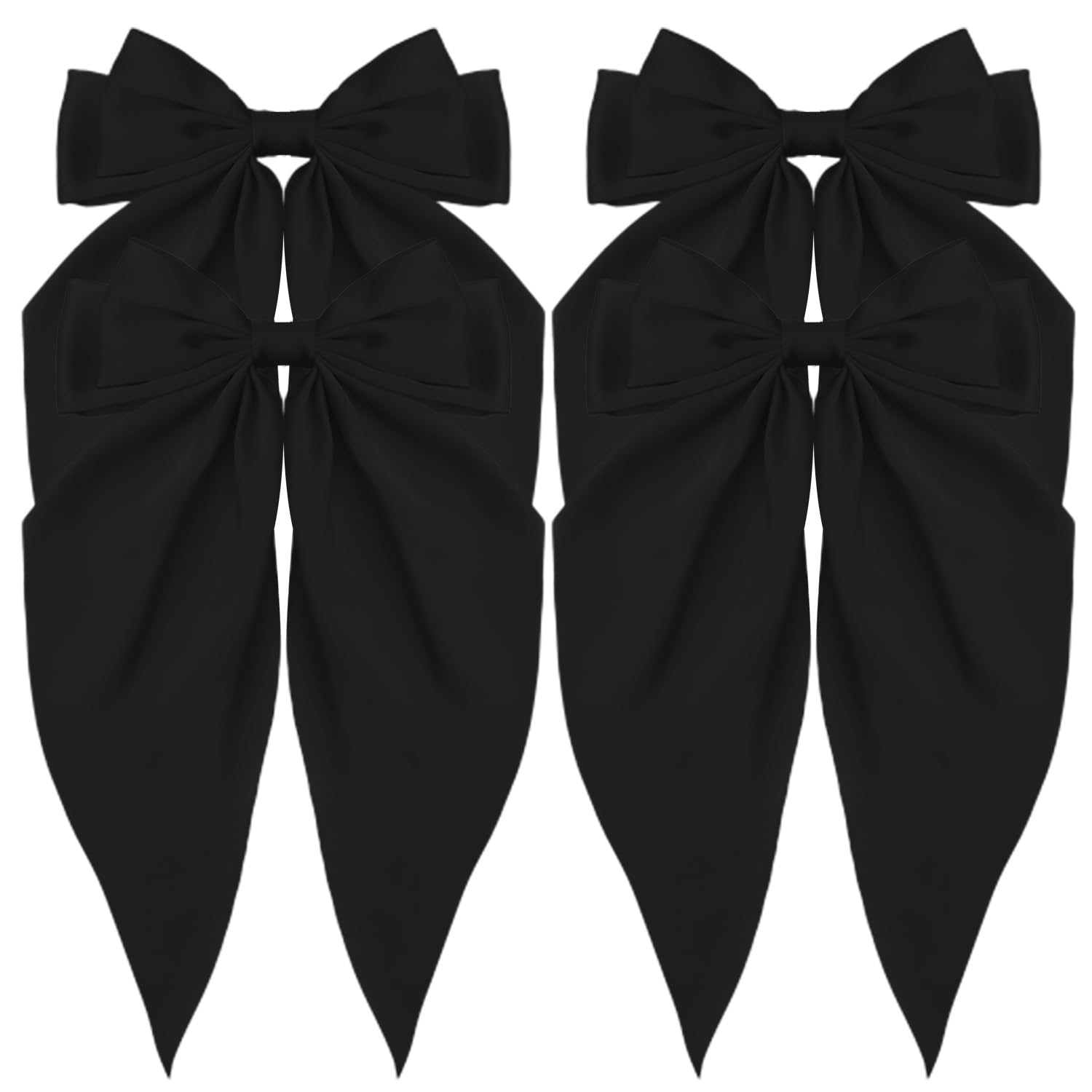 ATODEN Oversized Long Tail Bowknot Barrettes - Black Silky Satin Hair Accessories for Women, 4Pcs Metal Clips for Girls