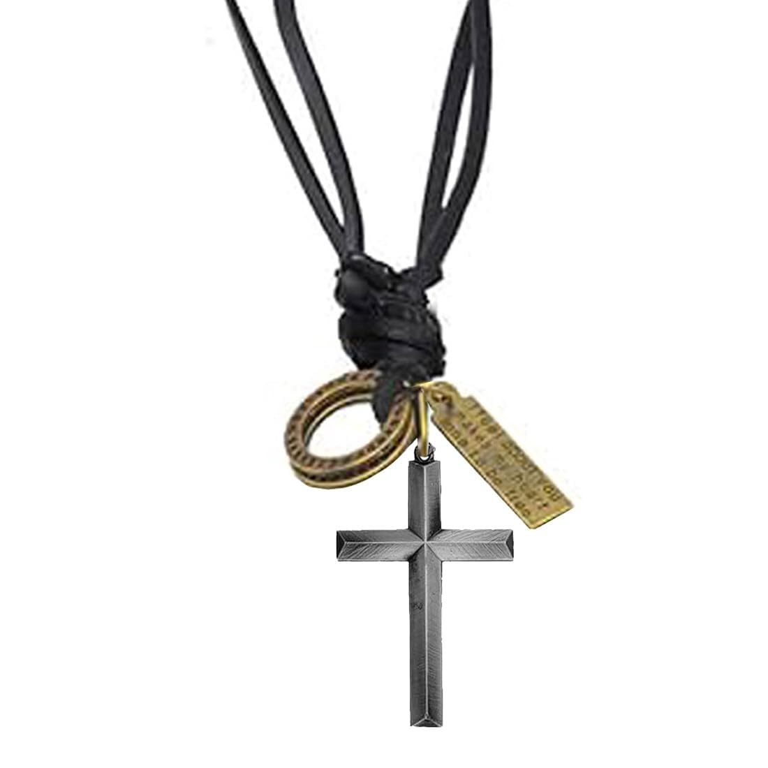 M Men Style Religious Lord Jesus Christ Cross Silver Metal And Leather Pendant Necklace Chain For Men And Women