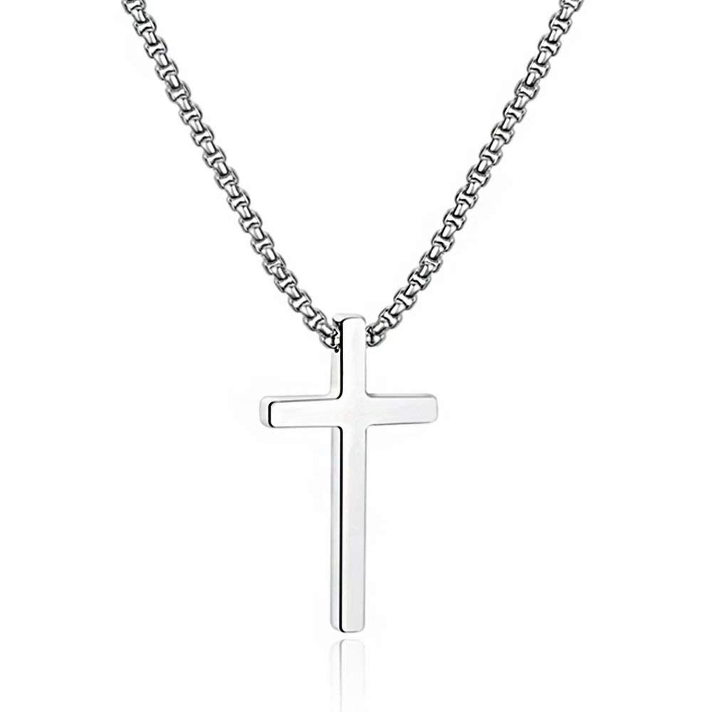 M MOOHAM Stainless Steel Cross Pendant Necklaces for Men Pendant Chain 30 Inch Silver, Fathers Day Christian Religious Baptism G