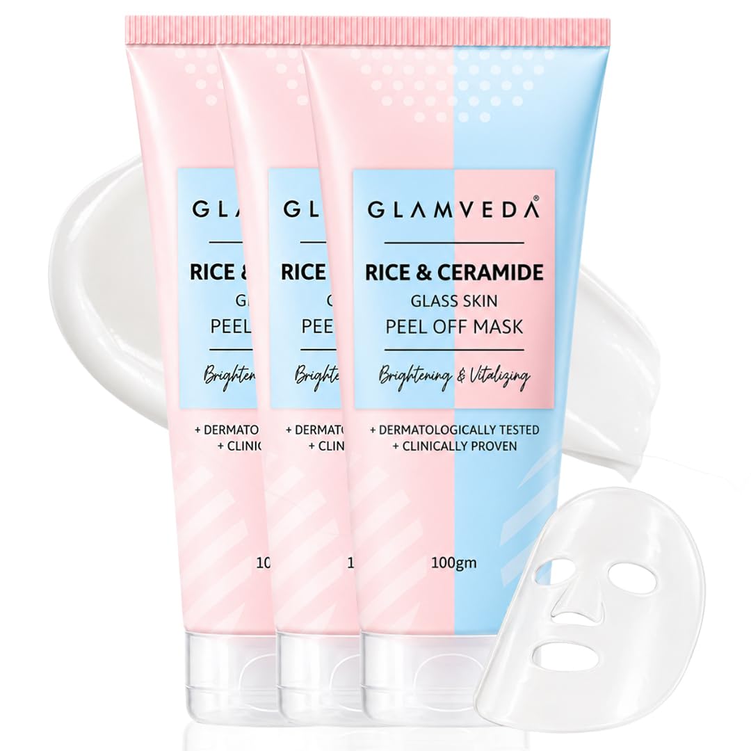 Glamveda Rice & Ceramide Korean Glass Skin Peel Off Mask 100Gm Pack Of 3 | Reduces Signs Of Ageing | For Dry & Dull Skin Brighte