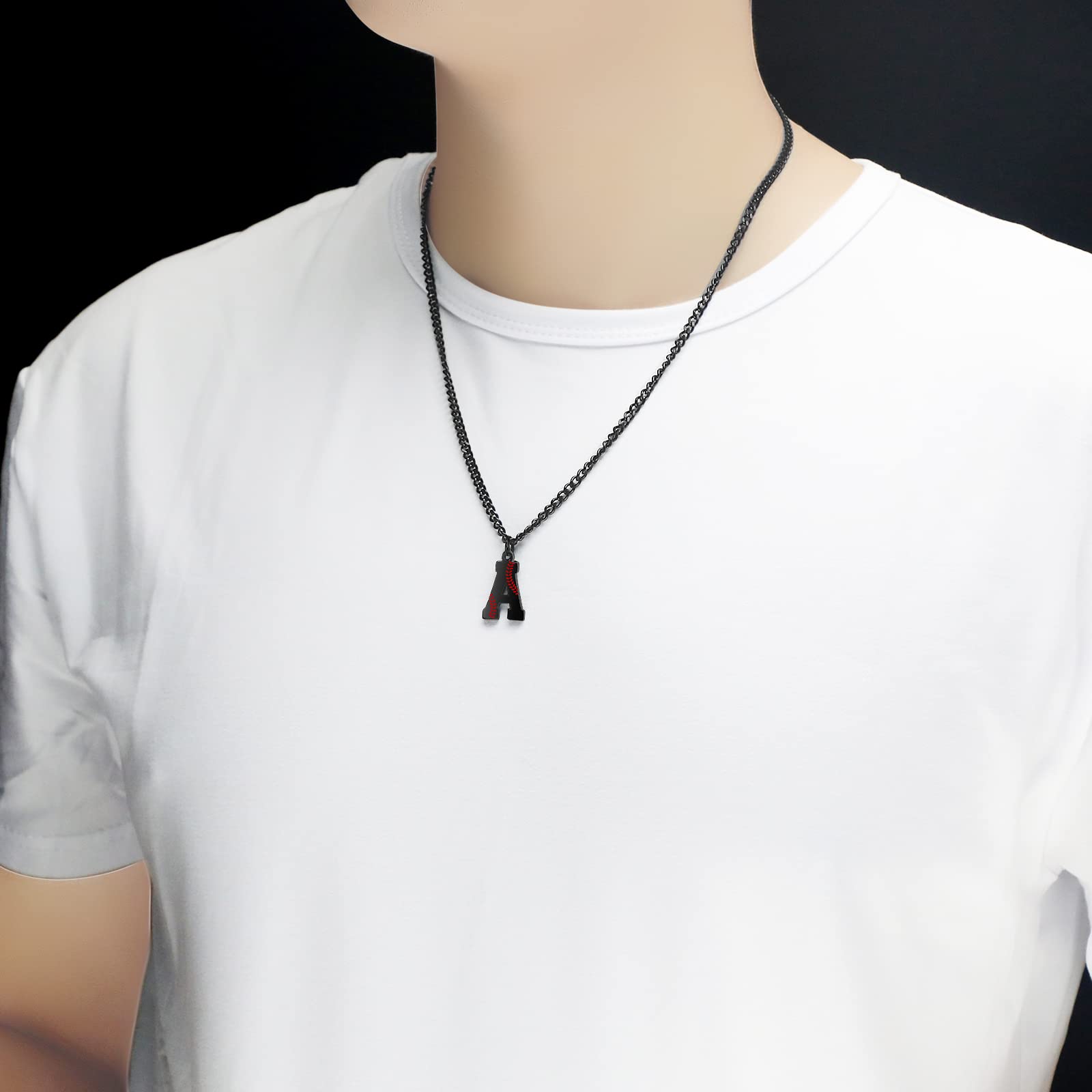 AIAINAGI Baseball Initial A-Z Letter Necklace for Men Baseball Charm Pendant Stainless Steel Black Chain 22inch Personalized Bas