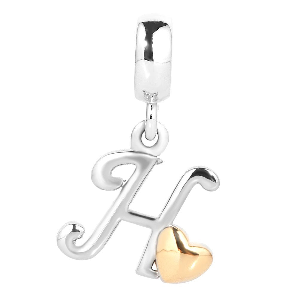 QueenCharms Initial A-Z Letter Charm Golden Heart Alphabet Dangle Beads For Bracelets & Necklaces (H)
