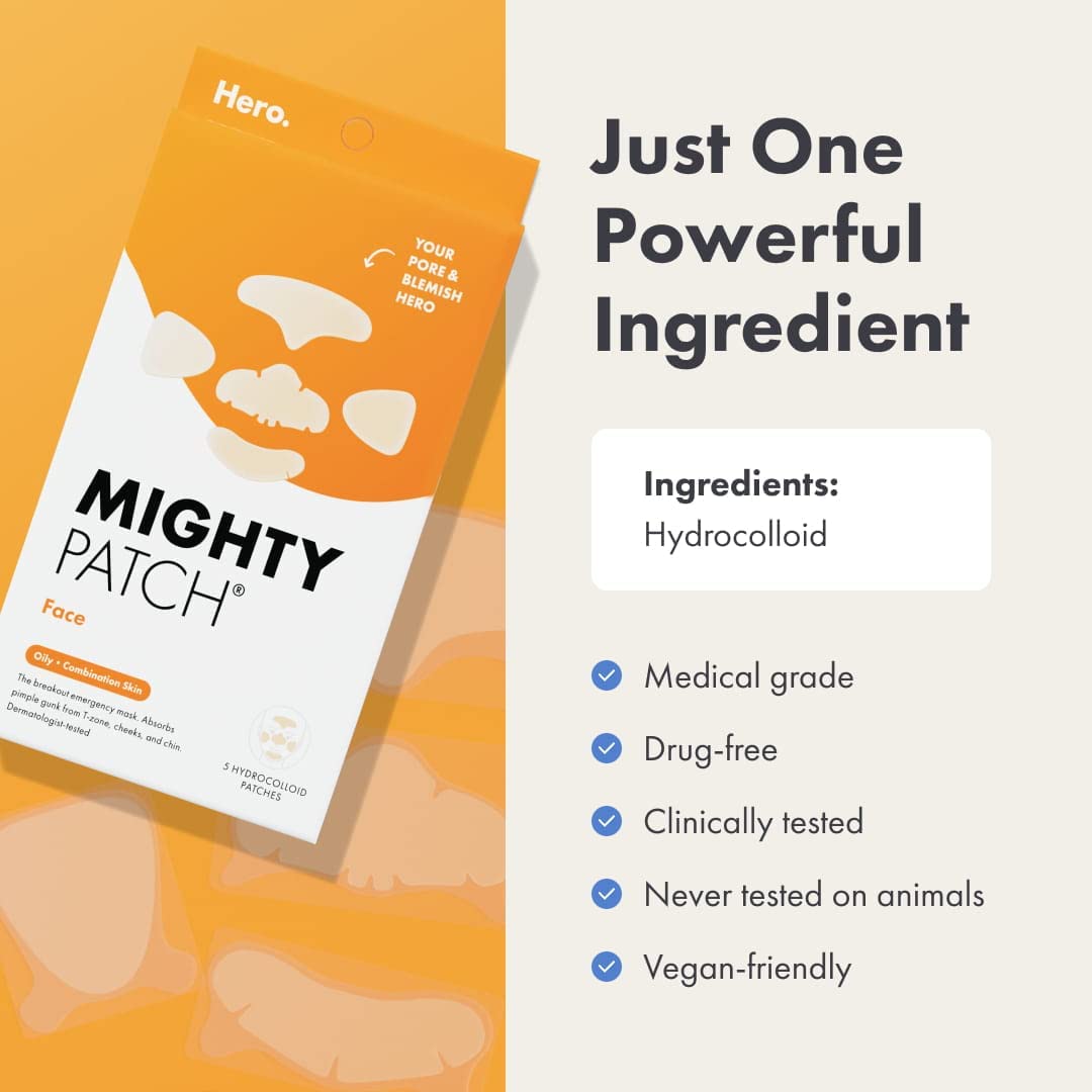 Mighty Patch Face Patch From Hero Cosmetics - Xl Hydrocolloid Face Mask For Acne, 5 Large Pimple Patches For Zit Breakouts On No