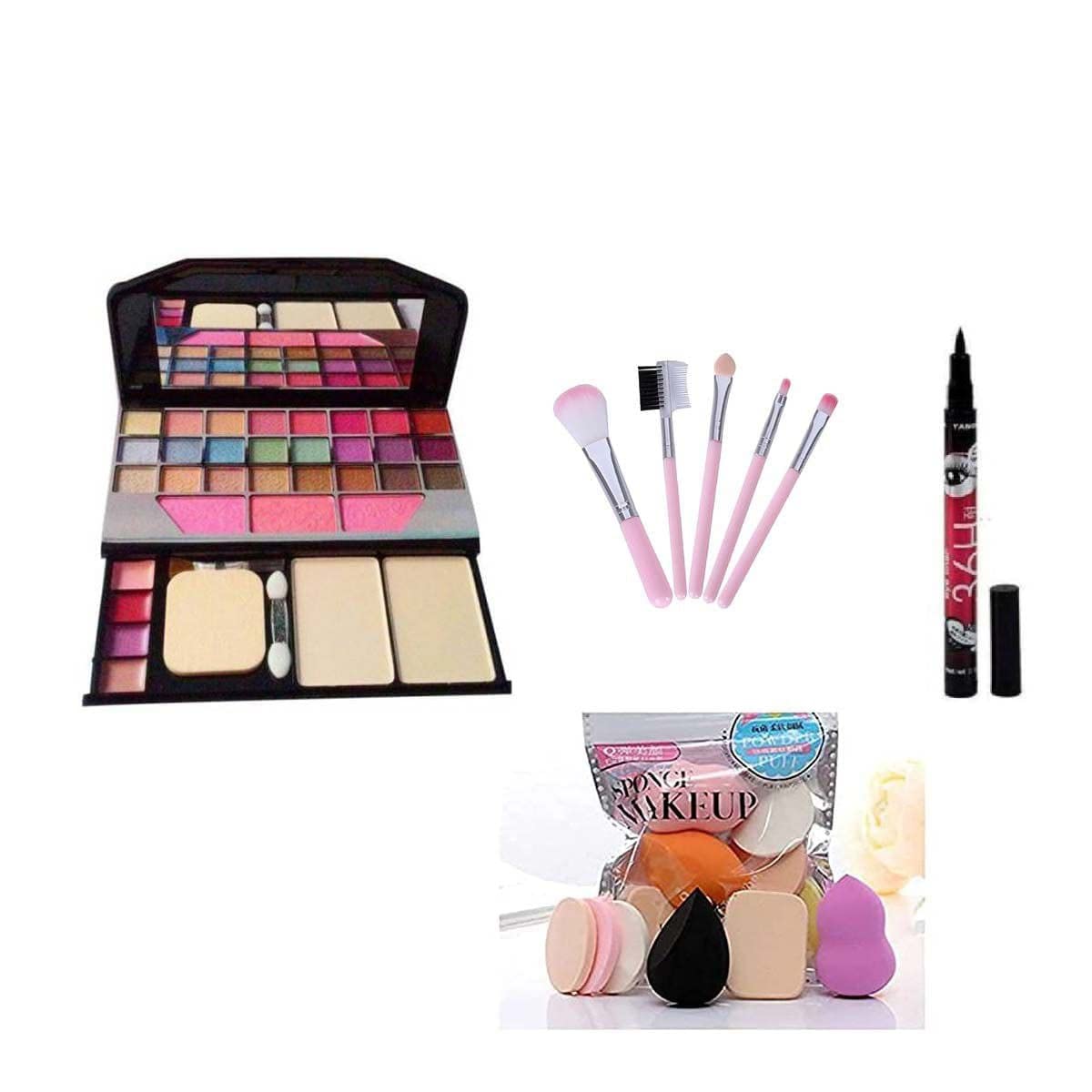 WomenS & GirlS Tya Fashion 6155 Multicolour Makeup Kit And 5 Pink Makeup Brushes Set, 6 Sponges Pack And 1 36H Waterproof Liqu