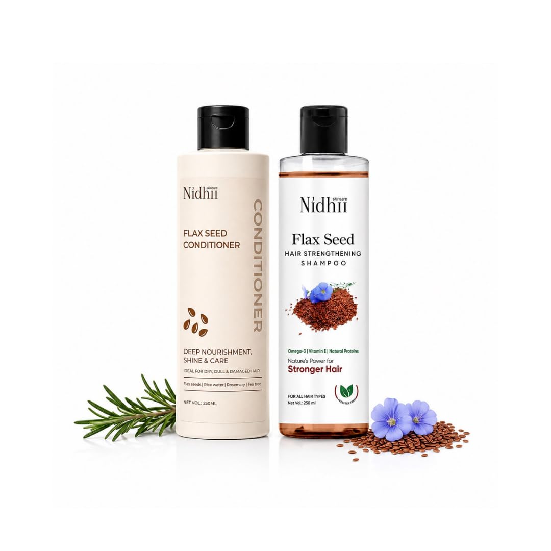 Nidhii Skincare Flax Seed Hair Strengthening Shampoo & Conditioner | Amla, Shikakai, Bhringraj, Rice Water, Rosemary & Tea Tree 