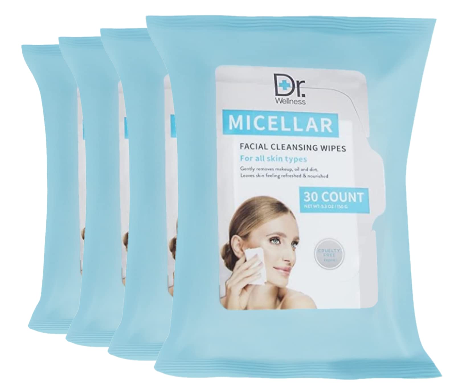 Dr. Wellness Gentle Cleansing Facial Wipes Variety Pack for All Skin Types, 30 Count (Pack of 4), Micellar