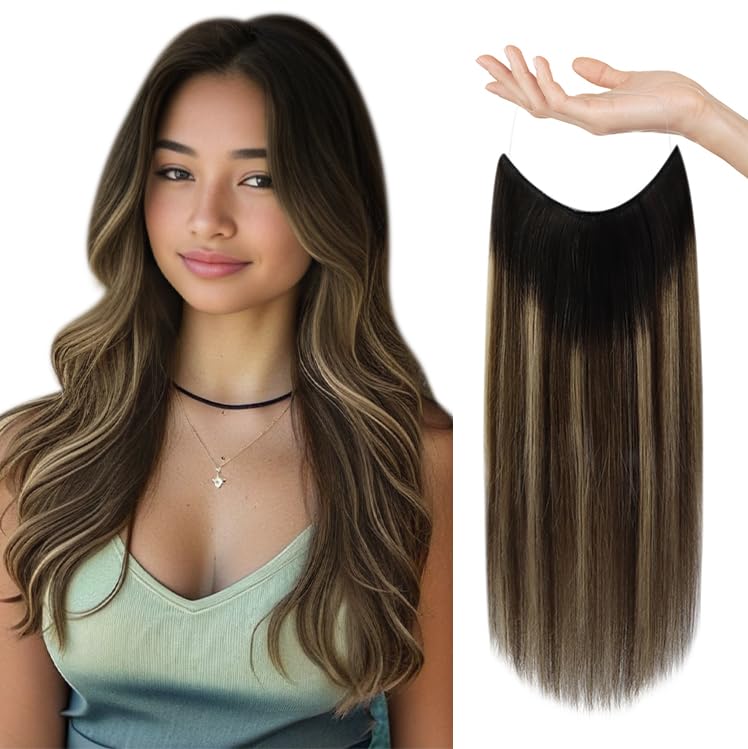 Sunny Wire Hair Extensions Real Human Hair Ombre Black Crown Hair Extensions with Clip ins Balayage Black Roots to Dark Brown wi