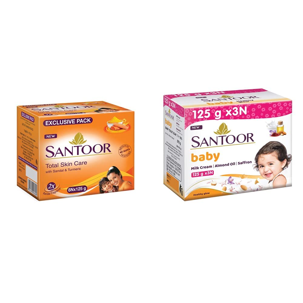 Santoor Sandal & Turmeric Soap For Total Skin Care, 125G (Pack Of 8) & Santoor Baby Soap With Milk Cream, Saffron And Almond Oil