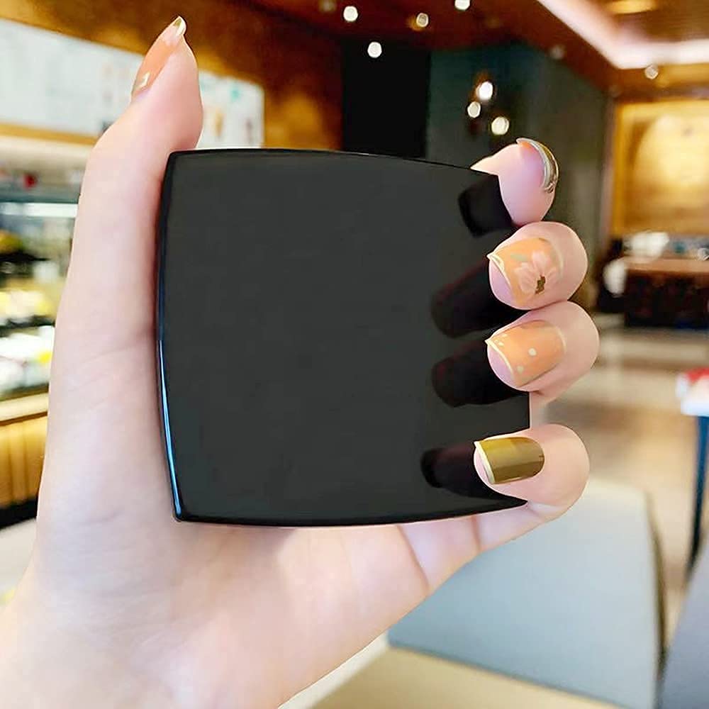EUTECH Compact Cosmetic Mirror - Elegant Black Glass Makeup Mirror, 2.5"x2.5", 2x Magnification, Perfect for Purses and Travel