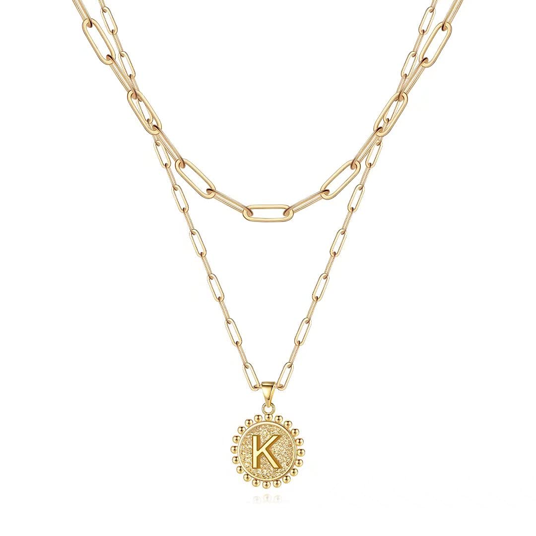 Ursteel Gold Necklace for Women - Gold Plated Dainty Layering Paperclip Chain Necklace for Women Letter K Initial Coin Pendant L