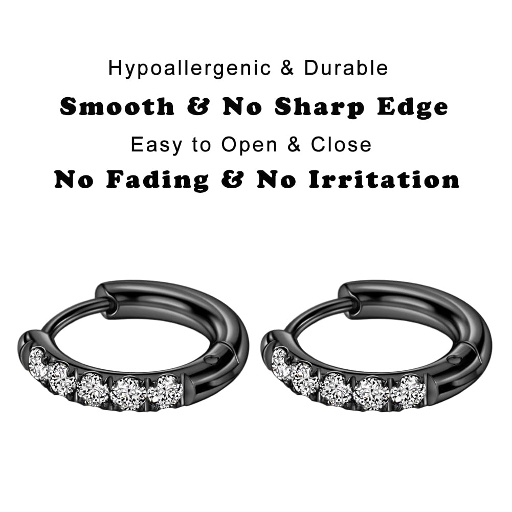 TDEBA 10mm Stainless Steel Hoop Earrings, 10G Black Cubic Zirconia Huggie Earrings for Women & Men, Surgical Steel Earrings, Hyp