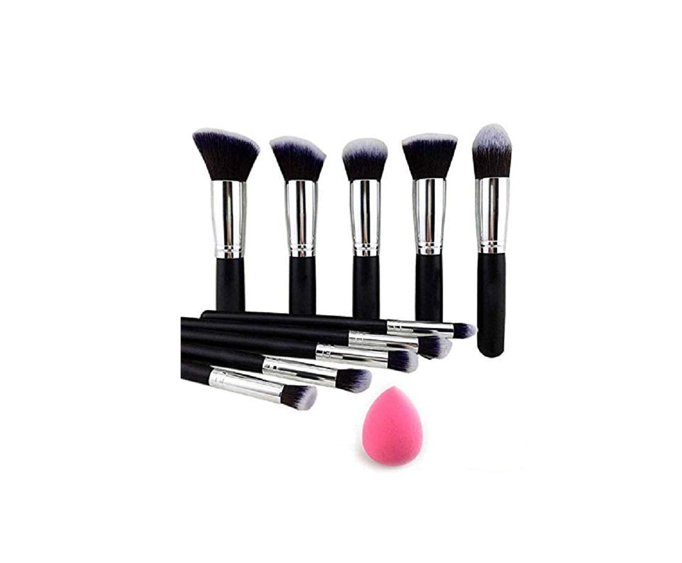 Angelie 10 Pieces Black Makeup Brushes Set Tool Pro Foundation Eyeliner Eyeshadow With Sponge Puff