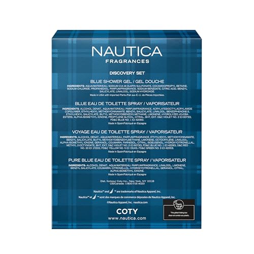 Nautica Blue, Voyage, And Pure Blue 4 Piece Gift Set, Notes Of Basil, Jasmine, And Cedarwood, Men'S Fragrance, Long Lasting, Eve