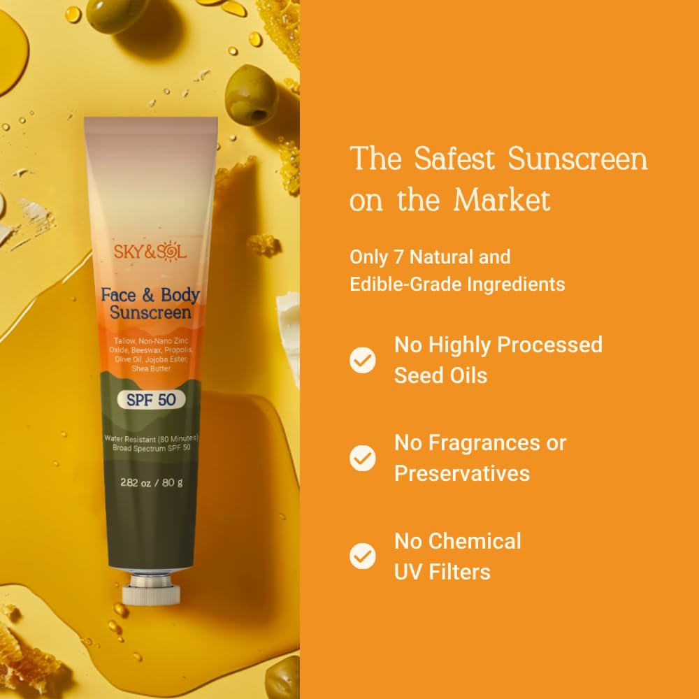 Sky And Sol Natural Mineral Sunscreen Spf 30 2.82 Oz: Natural Tallow & Zinc Oxide, Reef Safe, Water Resistant, Fragrance-Free, N