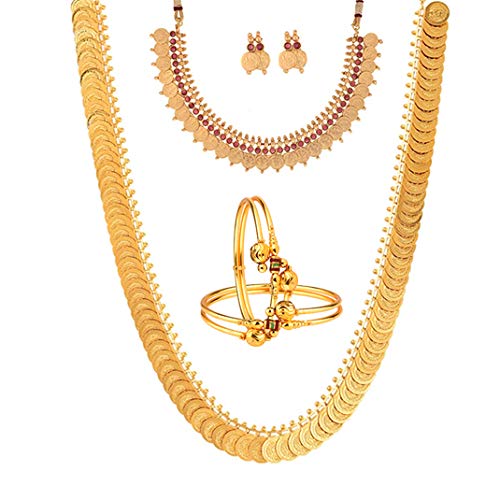 ZENEME Gold Plated and Bangles & Maharani Temple Coin Necklace Set for Women & Girls (Design_04, 2.6 Inches)