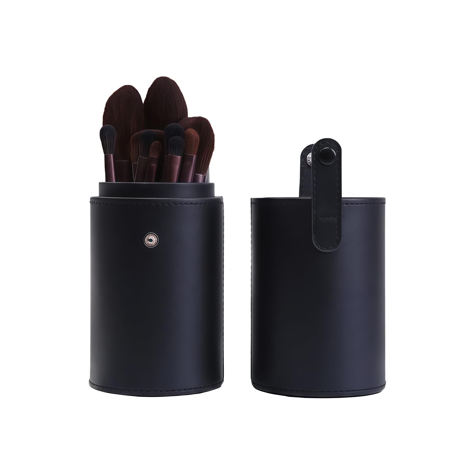 QUUPY Black PU Leather Makeup Brush Holder Organizer with Lid Portable Makeup Tools Large Capacity Case Organizer Cylinder Stora