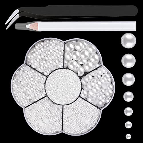 Nail Art Flat Back Half Round Pearl Kits 7, 1 Box of 2400 Pcs Flat-Back White Pearl with Tweezer and Picker Pencil for Home DIY