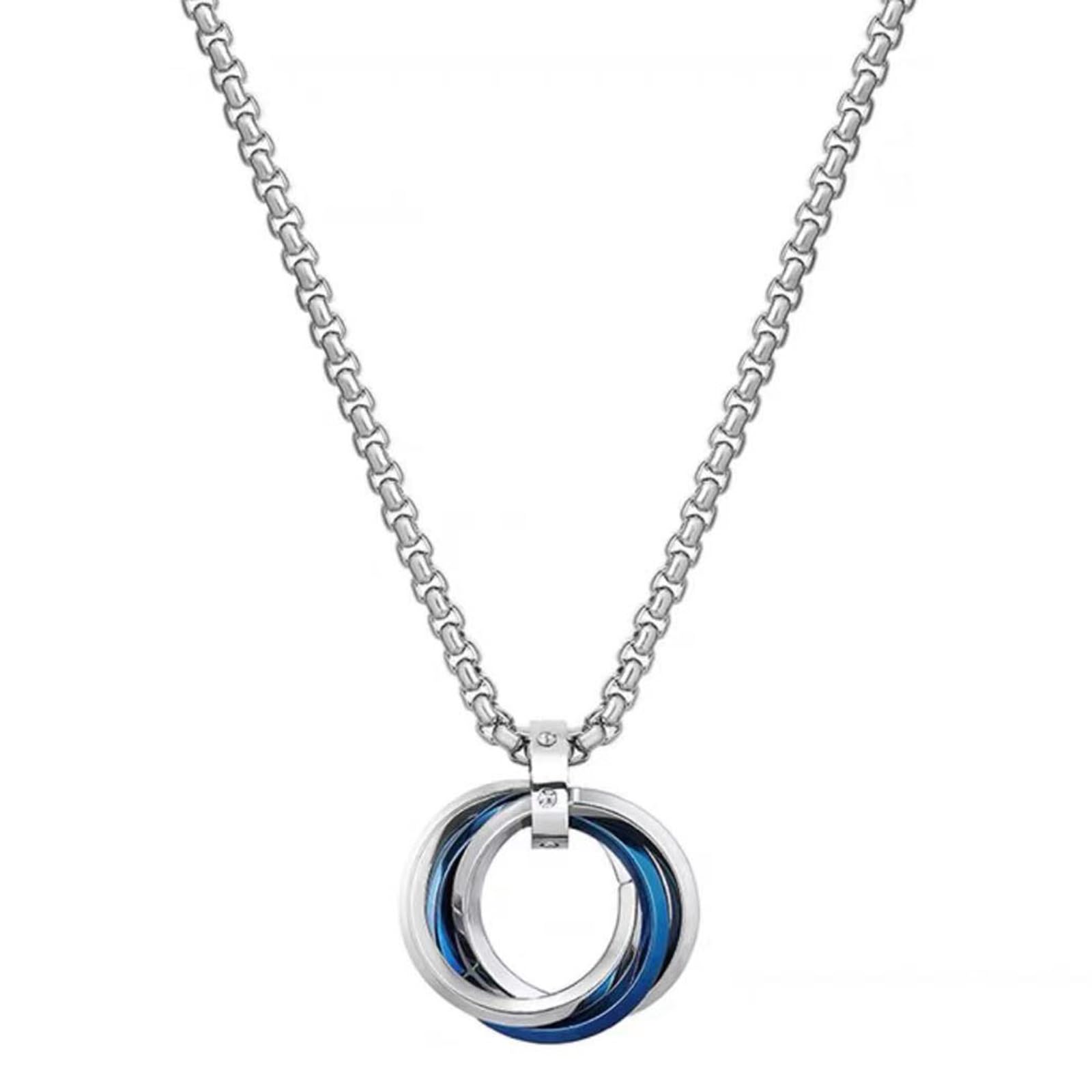 Silver Chain For Man, Blue ThreeRing Necklace For Men, Stylish Neck Chain For Boys, Anime Accessories, Locket For Men, Fashion 
