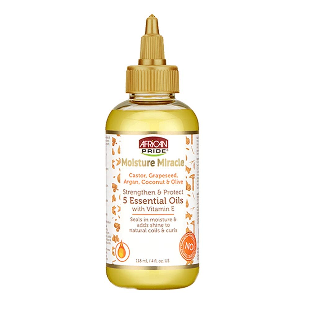 African Pride Moisture Miracle 5 Essential Oils - Contains Castor, Grapeseed, Argan, Coconut & Olive Oil, Seals in Moisture & Ad