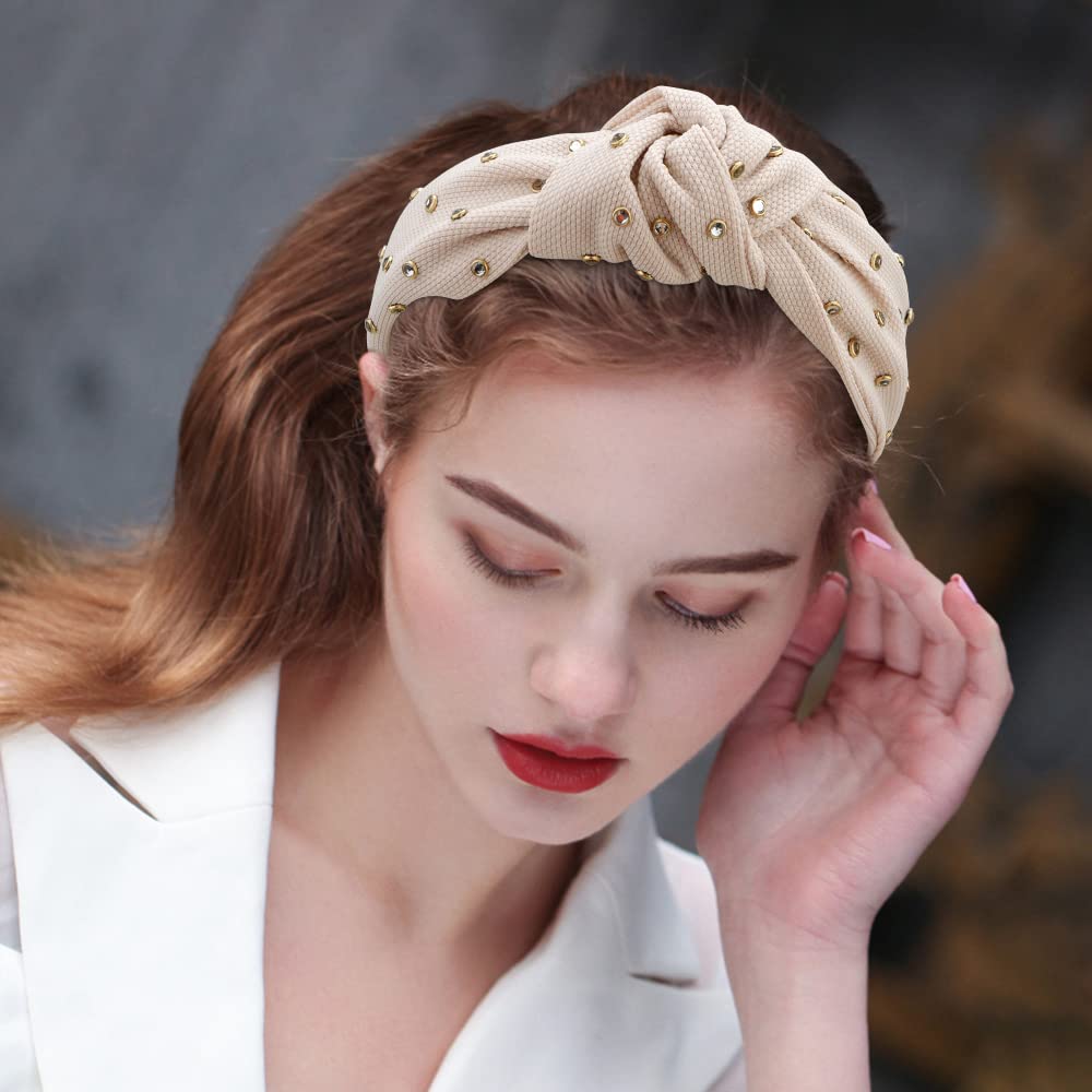 Atoden Rhinestone Knotted Headbands For Women - 2Pcs Beaded Crystal Jeweled Top Knot Hair Embellished Accessories, Black