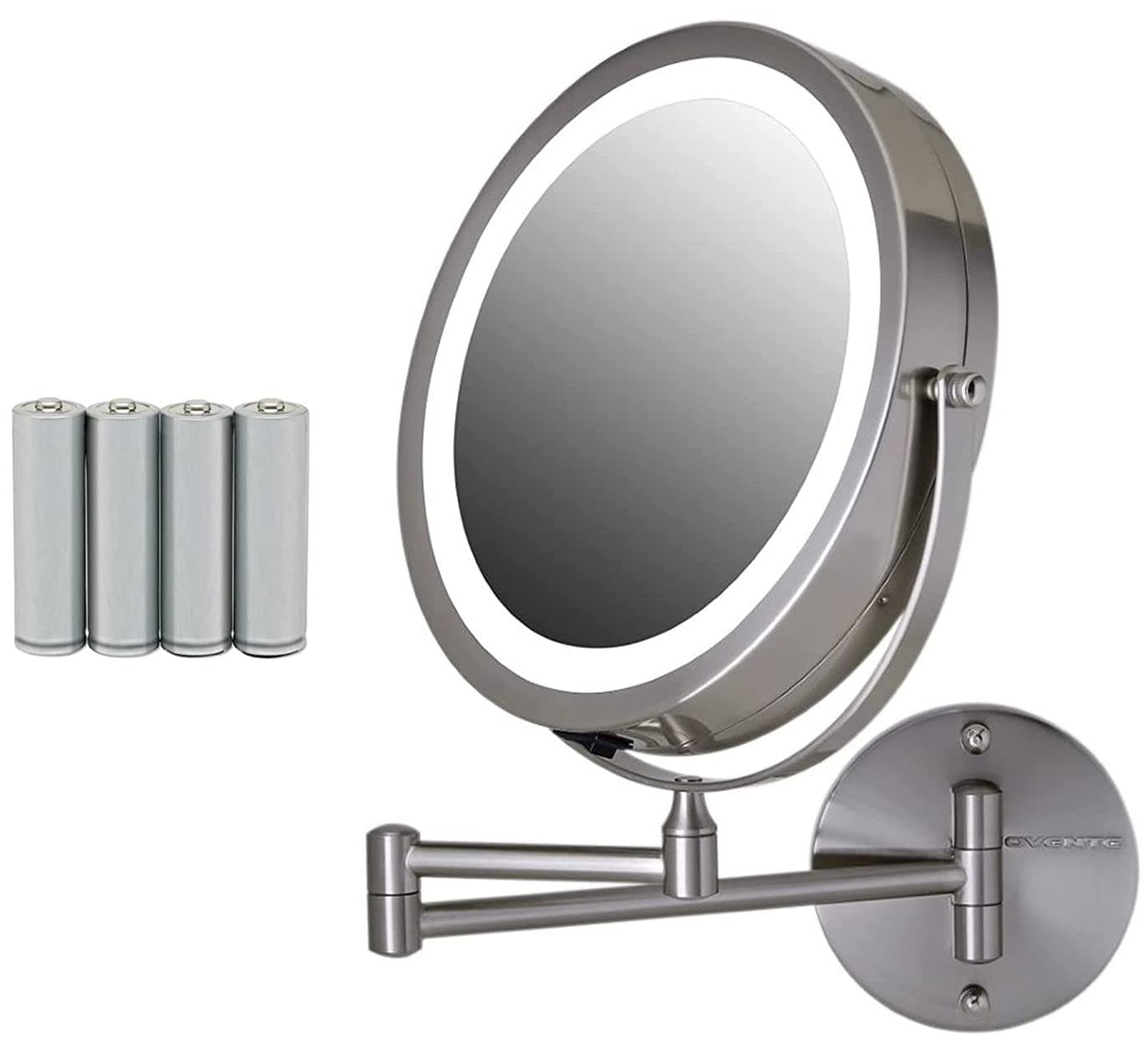 Ovente 8.6'' Lighted Wall Mount Makeup Mirror, 1X & 10X Magnifier, Adjustable Double Sided Round Led, Extend, Retractable & Fold
