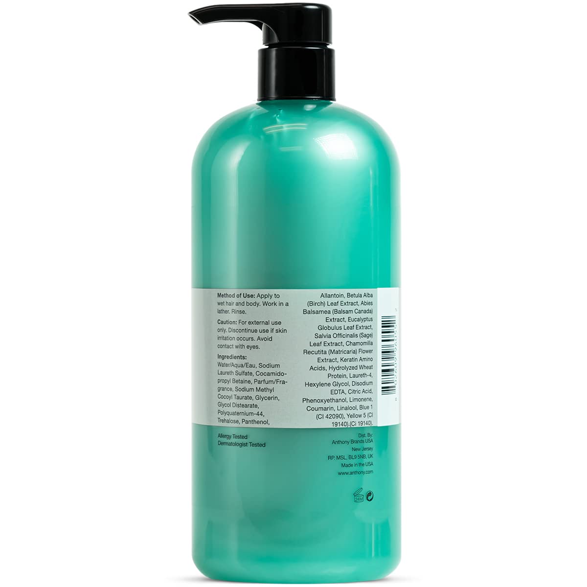 Anthony Mens Body Wash and Shampoo: Invigorating Rush 2-In-1 Liquid Gel Soap & Hair Shampoo, Pine Wood Scent, Hydrating with Euc