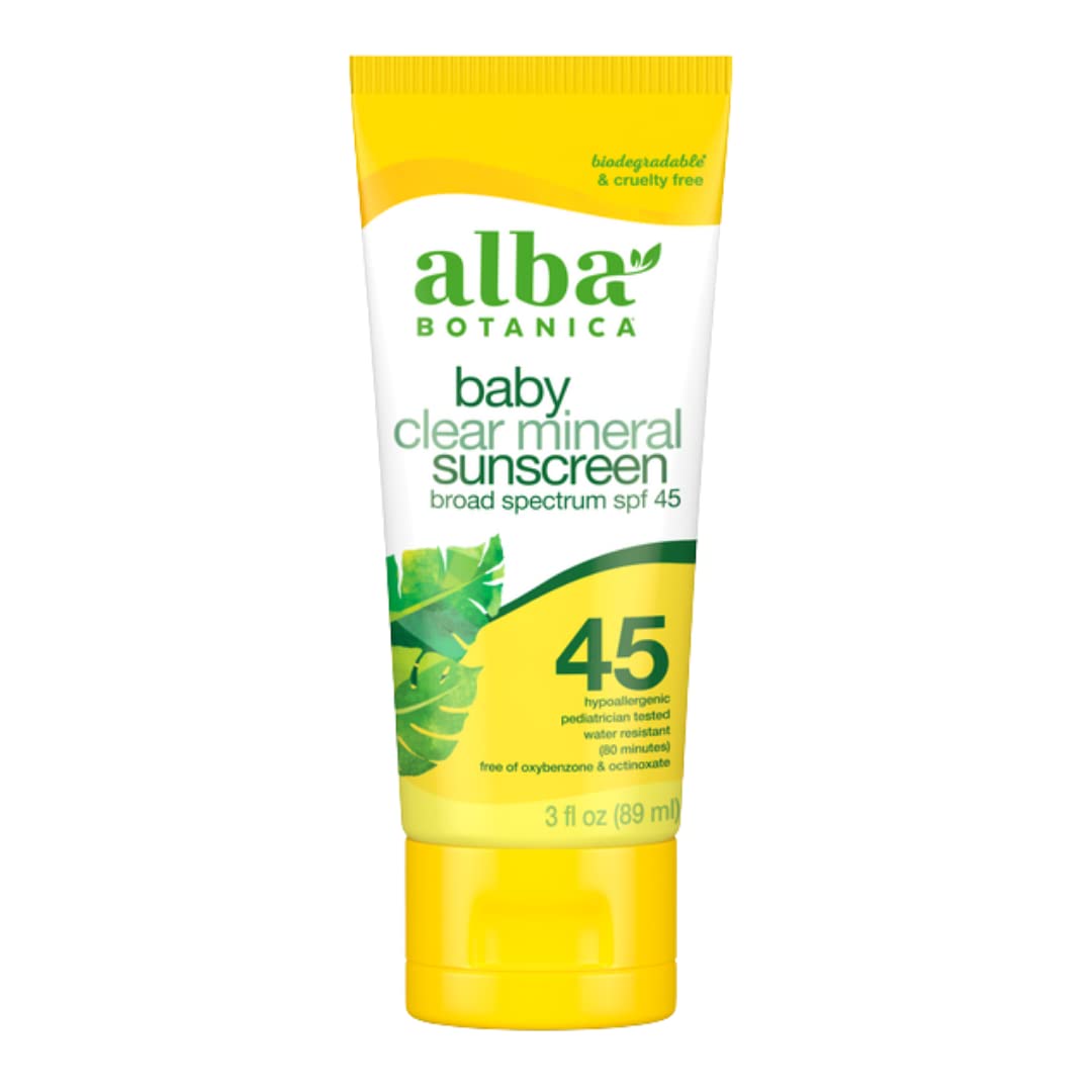 Alba Botanica Fragrance Free Broad Spectrum Spf 45 Baby Clear Mineral Sunscreen Lotion, 3 Oz