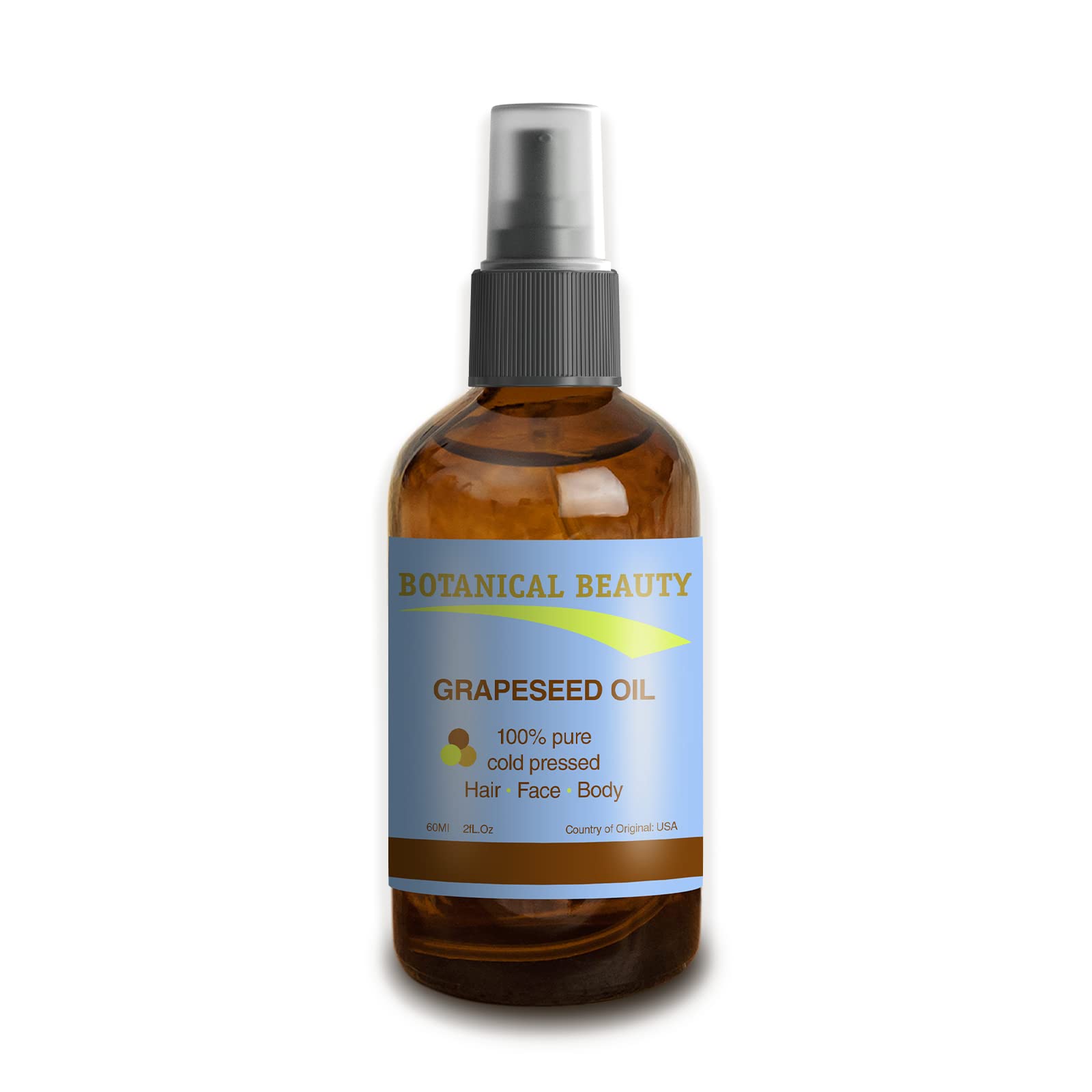 Botanical Beauty Grapeseed Oil, 100% Pure, Cold Pressed. 2 oz - 60 ml for Face, Skin, Hair, Nails, Body