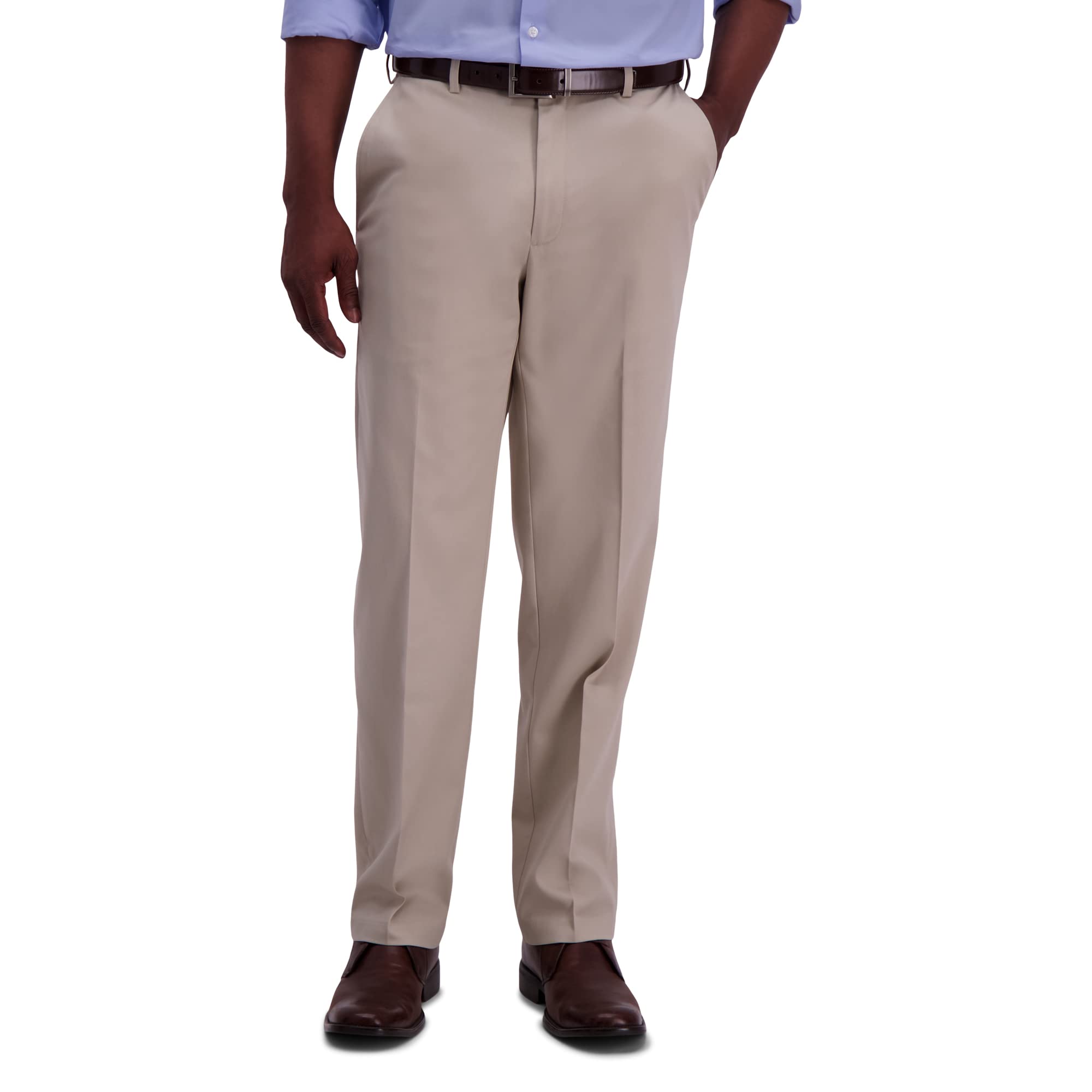 Haggar Mens classic Fit Flat-Front Hidden Expandable Waistband Premium No Iron Khaki, 36W x 32L - Sand