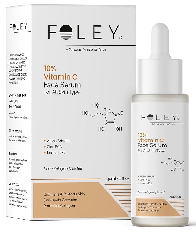 Foley Vitamin C 10% Serum for Face  Brightens Skin, Fades Dark Spots & Acne Marks  With Alpha Arbutin, Ferulic Acid, Zinc PCA 