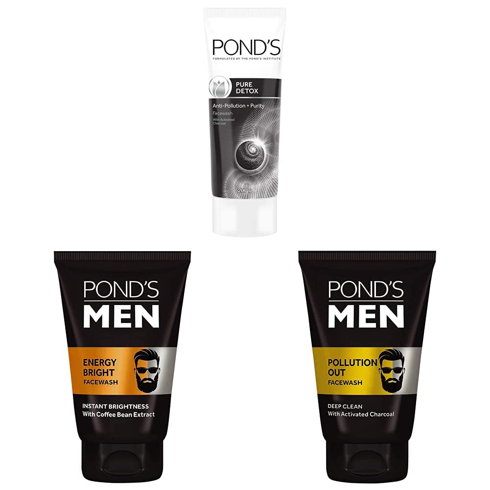 PondS Pure Detox Face Wash 200 G & PondS MenS Energy Bright Face Wash Coffee Beans Bright Skin, 100G & PondS Men Pollution O