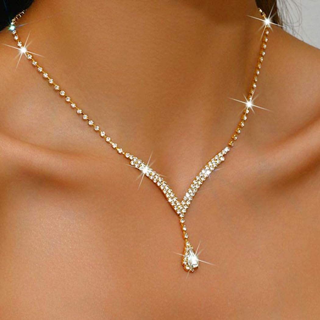 Unicra Bridal Wedding Jewelry Set Gold Rhinestone Necklace Earrings Sets Formal Costume Jewelry for Women and Brides (A-Gold)