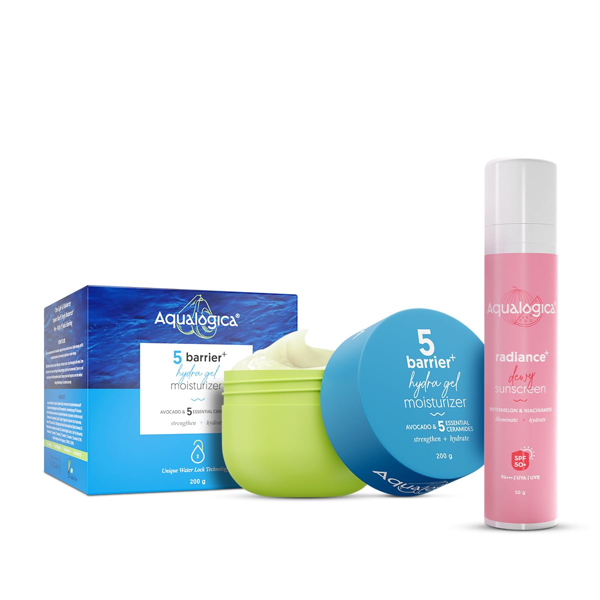 Aqualogica Radiance + Dewy Sunscreen 50 g + 5 Barrier + Hydra Gel Moisturizer with Avocado & 5 Essential Ceramides  200 g |SPF 