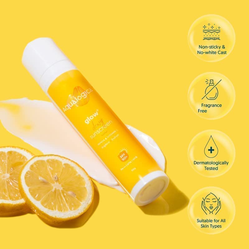 Aqualogica Glow+ Dewy Sunscreen Spf 50 Pa+++ For Uva/B & Blue Light Protection, For Glowing & Well Protected Skin, Cream, 50 G