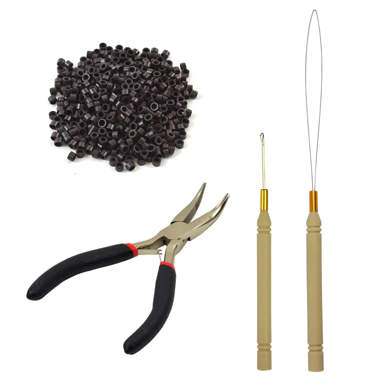 Hair Extensions Tool Kit Black Hair Pliers Pulling Hook Bead Device Tool Kits and 500 Pcs 5 mm Micro Links Rings Beads (Dark Bro