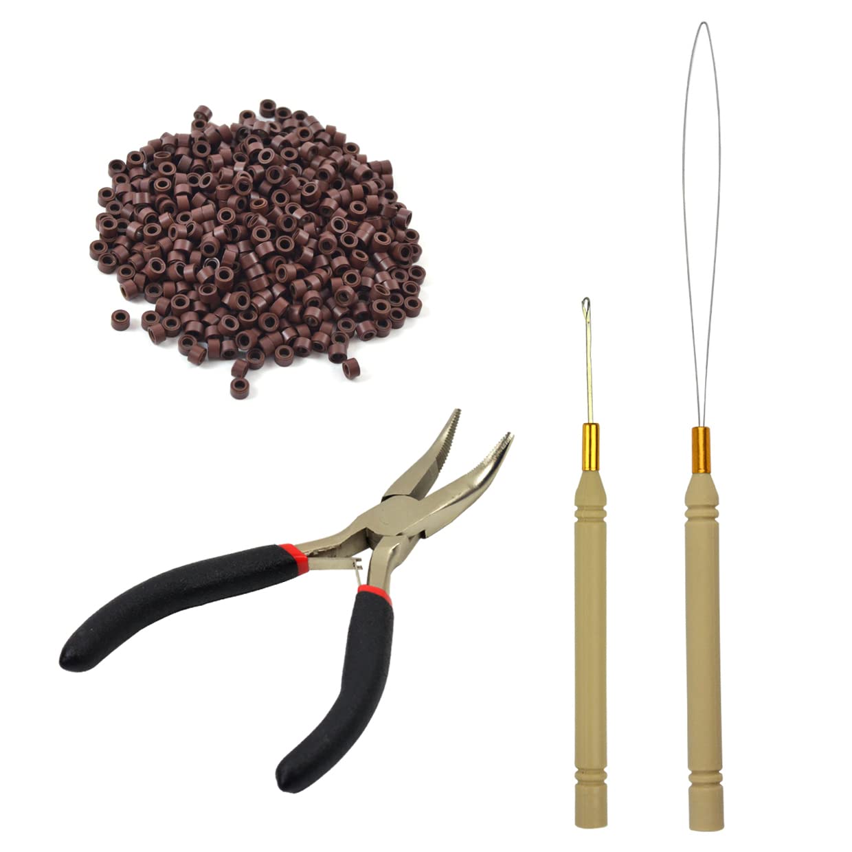 Hair Extensions Tool Kit Black Hair Pliers Pulling Hook Bead Device Tool Kits and 500 Pcs 5 mm Micro Links Rings Beads (Brown)