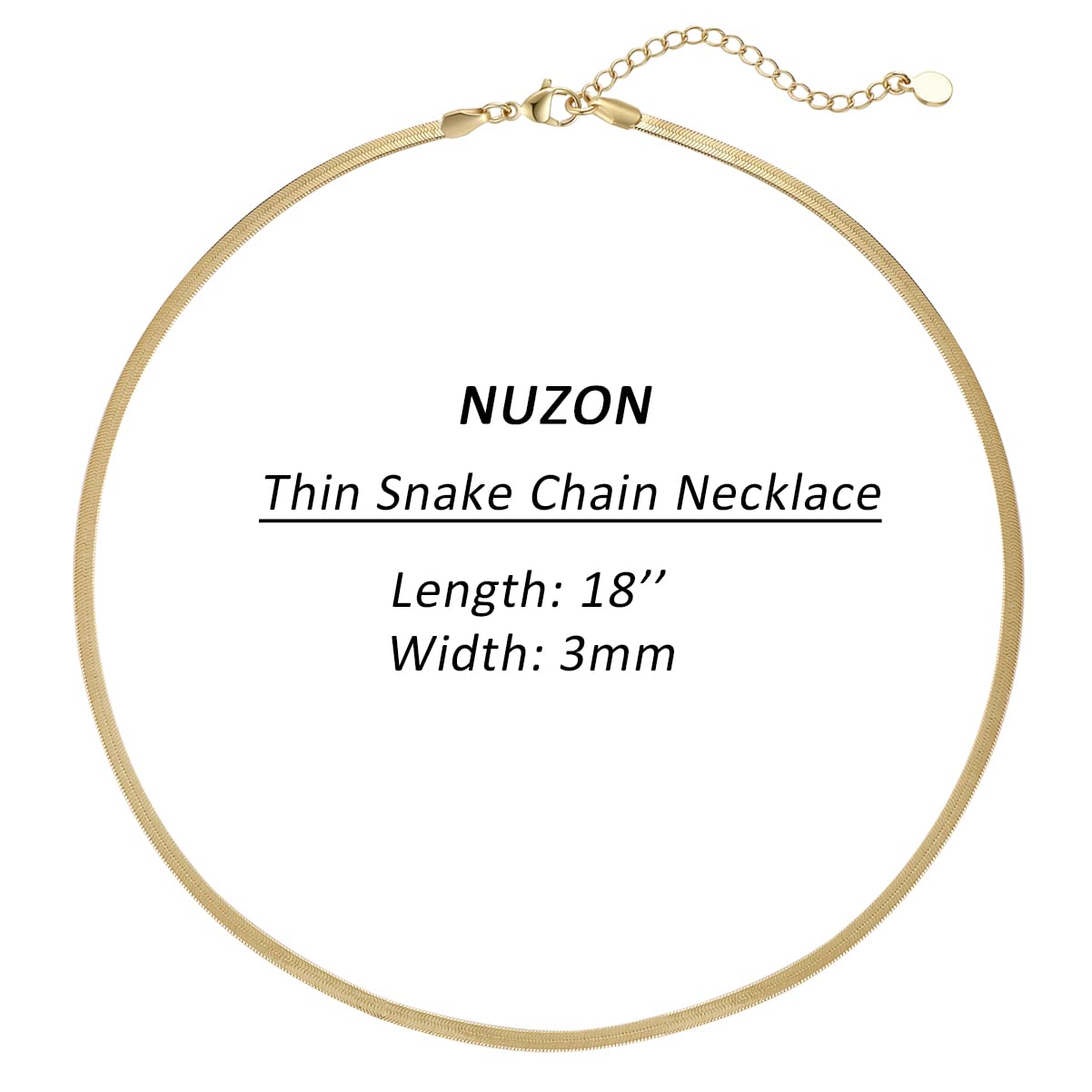 NUZON 18K Gold Plated Snake Chain Necklace Thick Flat Herringbone Necklace Gold Choker Necklaces for Women Jewelry 3MM 18  Adjus