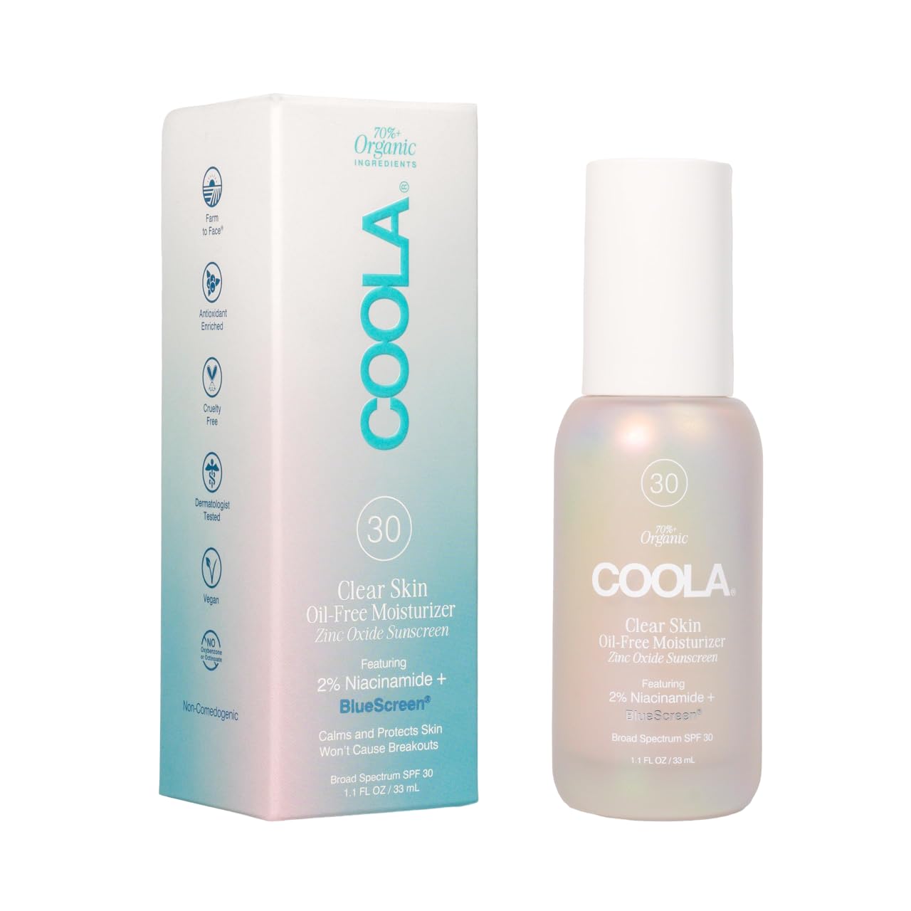 Coola Clear Skin Oil-Free Moisturizer With Spf 30, Dermatologist Tested Sunscreen With Niacinamide & Centella Asiatica, 1.1 Fl O