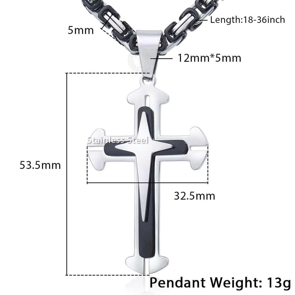 Trendsmax Mens Cross Pendant Necklace Stainless Steel Black Silver Byzantine Chain 22inch