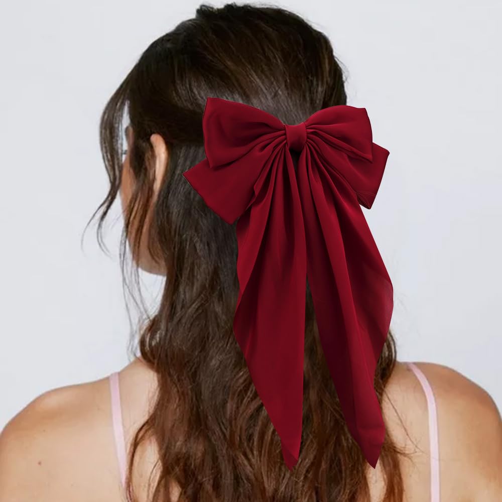 Atoden Hair Bow Clip, 2 Pcs Silky Satin Hair Bows For Women Hair Ribbons Oversized Long Tail Black Hair Bow And Red Hair Bow Hai