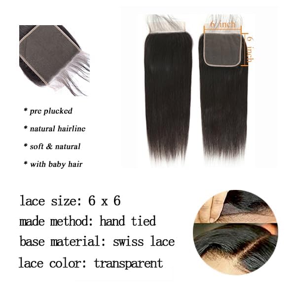 Isufer 6x6 Swiss Lace Closure, 100% Human Hair, Straight, Black, 22 Inch, Sew-In, Tangle Free