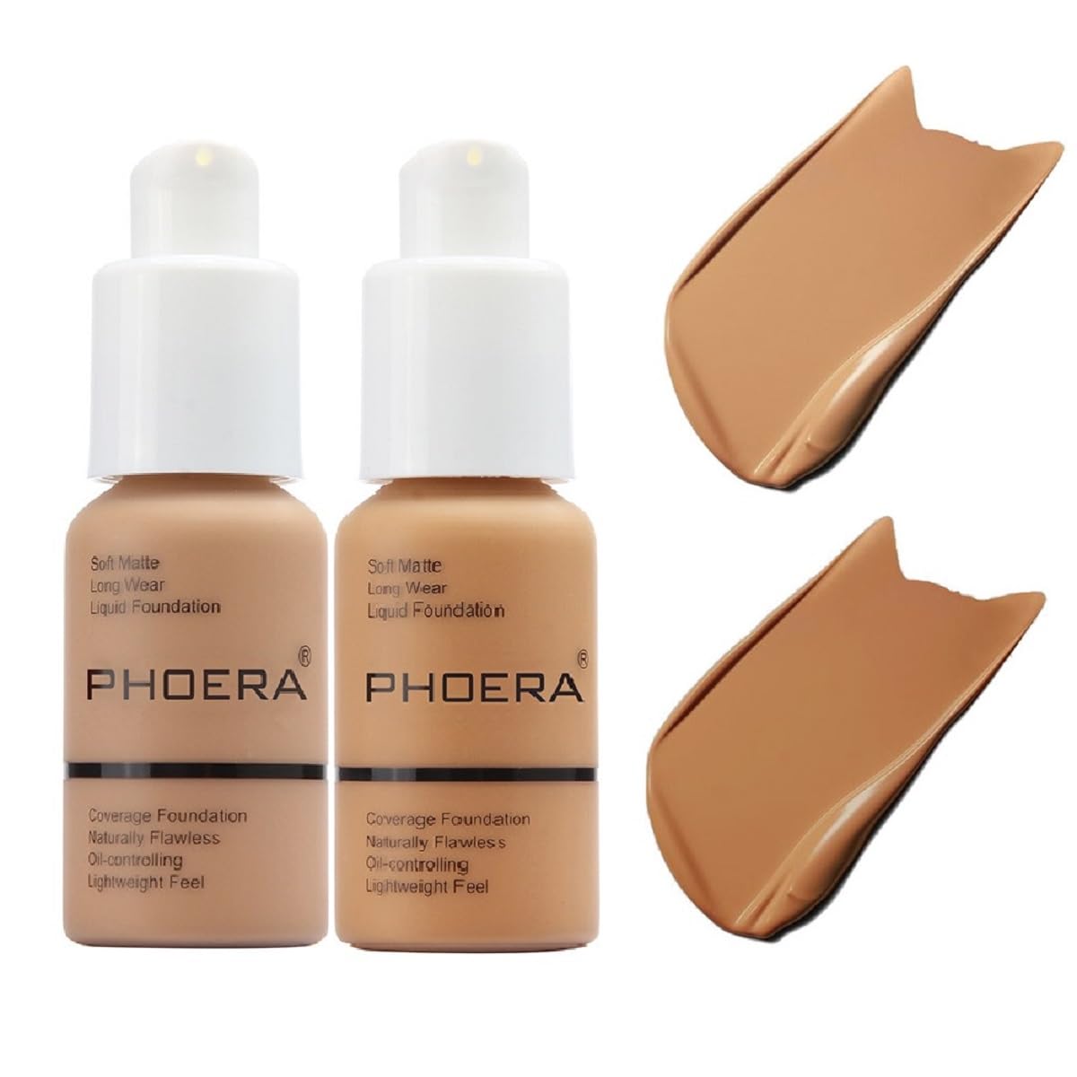 2 Pack PHOERA Foundation 105# Sand and 106#Warm Sun,Flawless Soft Matte Liquid Foundation 24 HR Oil Control Concealer Foundation
