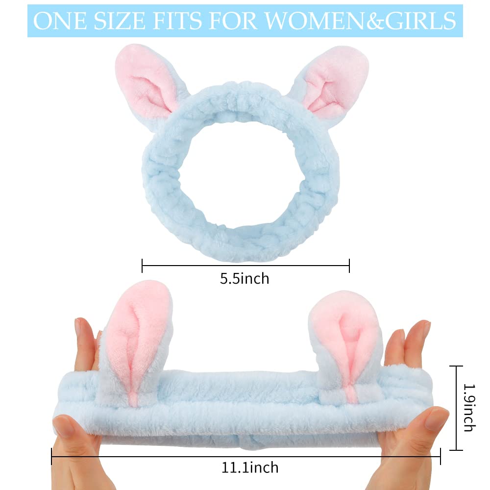 AHONEY Bunny Ears Headband, 4Pcs Skin Care Headbadns Fuzzy Headband for Washing Face Kawaii Makeup Cute Headbands Coral Fleece E